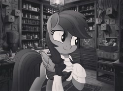 Size: 1080x802 | Tagged: safe, alternate version, artist:radiogaga.art, oc, oc only, pegasus, pony, bow, clothes, eyelashes, female, grayscale, hair bow, indoors, mare, monochrome, pegasus oc, smiling, solo, story included, wings