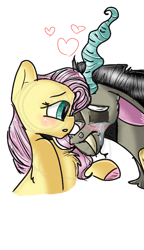 Size: 540x938 | Tagged: safe, artist:cocolove2176, discord, fluttershy, draconequus, pegasus, pony, g4, blushing, bust, colored hooves, crying, eyes closed, fangs, female, heart, male, mare, ship:discoshy, shipping, simple background, straight, white background