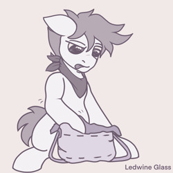 Size: 2048x2048 | Tagged: safe, artist:ledwine glass, oc, earth pony, pony, bag, handkerchief, high res, monochrome, searching, simple background, sitting, sketch, tongue out