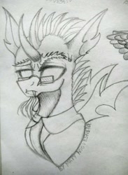 Size: 750x1024 | Tagged: safe, artist:maryhoovesfield, oc, oc only, changeling, pony, changeling oc, clothes, ear fluff, glasses, grayscale, horn, monochrome, necktie, signature, traditional art, wings