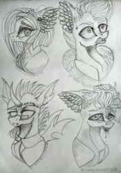 Size: 721x1024 | Tagged: safe, artist:maryhoovesfield, oc, oc only, changeling, earth pony, pegasus, pony, bust, changeling oc, chest fluff, clothes, drool, ear fluff, earth pony oc, glasses, grayscale, horn, looking up, messy mane, monochrome, necktie, pegasus oc, shocked, signature, traditional art, wings