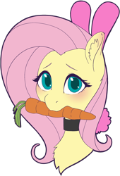 Size: 1324x1943 | Tagged: safe, artist:taytinabelle, part of a set, fluttershy, pegasus, pony, animal costume, blushing, bunny costume, bunny ears, bunnyshy, bust, carrot, choker, clothes, collar, costume, cute, ear fluff, female, food, herbivore, looking at you, mare, mouth hold, shyabetes, simple background, solo, transparent background