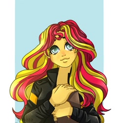 Size: 1022x1079 | Tagged: safe, alternate version, artist:h-i-m-o-z-a, sunset shimmer, equestria girls, g4, abstract background, book, bust, clothes, eyelashes, female, smiling
