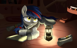 Size: 2160x1359 | Tagged: safe, artist:radiogaga.art, oc, oc only, pony, base used, book, clothes, female, indoors, lamp, lantern, looking up, lying down, mare, prone, scroll, solo, story included, tired