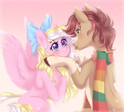 Size: 1700x1540 | Tagged: safe, artist:kawipie, oc, oc only, oc:bay breeze, oc:pitch kritter pine, earth pony, pegasus, pony, :p, blaze (coat marking), blushing, bow, clothes, coat markings, couple, cute, facial markings, female, fourth doctor's scarf, hair bow, happy, looking at each other, male, mare, ocbetes, pinebreeze, scarf, shipping, simple background, socks (coat markings), spread wings, stallion, straight, striped scarf, tongue out, unshorn fetlocks, wings