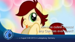 Size: 1280x720 | Tagged: safe, artist:jan, oc, oc only, oc:canni soda, earth pony, pony, galacon, galacon 2013, bronybait, cannibetes, cute, female, freckles, mare, mascot, ocbetes, one eye closed, question, solo, tongue out, yes, youtube link