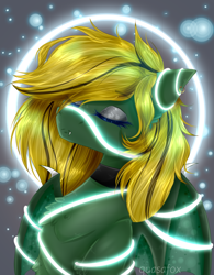 Size: 702x898 | Tagged: safe, artist:quasafox, oc, oc only, oc:midnight lightning, bat pony, pony, bat pony oc, blank expression, blue eyes, choker, commission, ear piercing, earring, expressionless face, eyelashes, eyes closed, eyeshadow, female, glowing ribbon, green coat, halo, jewelry, looking up, makeup, mare, piercing, solo, sparkles, ych result, yellow mane