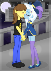 Size: 773x1080 | Tagged: safe, artist:grapefruit-face, trixie, oc, oc:grapefruit face, equestria girls, g4, my little pony equestria girls: better together, street magic with trixie, base used, blushing, canon x oc, city, cityscape, clothes, duo, eyes closed, female, grapexie, hat, holding hands, jeans, kissing, male, moon, pants, photo, shipping, shirt, show accurate, stockings, straight, t-shirt, thigh highs, water