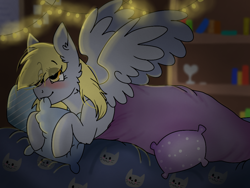 Size: 1024x768 | Tagged: safe, artist:valkiria, derpy hooves, cat, pegasus, pony, g4, blanket, blushing, bookshelf, cute, derpabetes, eye clipping through hair, female, heart, heart eyes, mare, pillow, redraw, solo, spread wings, string lights, wingding eyes, wings