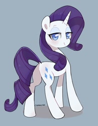 Size: 1075x1381 | Tagged: safe, artist:cherrnichka, rarity, pony, unicorn, g4, blue background, butt, cute, dock, female, lidded eyes, looking at you, looking back, looking back at you, mare, plot, simple background, solo
