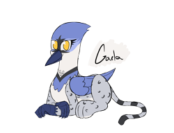 Size: 2600x2000 | Tagged: safe, artist:somber, oc, oc only, oc:gaela, bird, blue jay, griffon, female, high res, looking at you, lying down, simple background, solo, transparent background
