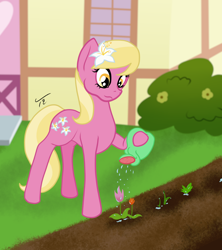 Size: 960x1080 | Tagged: safe, artist:tunrae, lily, lily valley, earth pony, pony, g4, background pony, building, bush, cutie mark, female, flower, flower in hair, garden, gardening, looking down, patreon, patreon link, tulip, watering can
