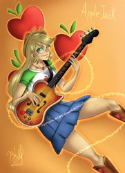 Size: 2893x3996 | Tagged: safe, artist:bidzinha, applejack, equestria girls, g4, applejack's hat, bass guitar, boots, clothes, cowboy hat, cutie mark background, female, freckles, geode of super strength, gradient background, guitar, hat, high res, magical geodes, musical instrument, shoes, simple background, skirt, solo