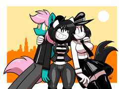 Size: 3570x2550 | Tagged: safe, artist:latexia, oc, oc:cid, oc:isabelle incraft, oc:izzy, oc:selina rimaine, anthro, beret, black hair, clothes, female, hat, high res, hug, male, mime, pink hair, police officer, skirt, sun