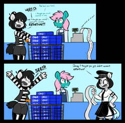 Size: 2713x2666 | Tagged: safe, artist:latexia, oc, oc:cid, oc:isabelle incraft, oc:izzy, oc:selina rimaine, anthro, beret, cash register, clothes, comic, cookie, dialogue, extortion, female, food, grocery store, hat, high res, male, mime, oreo, police, police officer, rubber, shopping cart, skirt, stockings, text, thigh highs