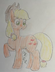 Size: 750x988 | Tagged: safe, artist:powerpup97, applejack, earth pony, pony, g4, applejack's hat, cowboy hat, female, hat, hunger, hungry, looking at belly, raised hoof, sketch, solo, starving, stomach growl, stomach noise, traditional art
