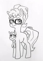 Size: 2035x2860 | Tagged: safe, artist:smirk, oc, oc only, oc:katydid (mayfly), oc:mayfly, pony, conjoined, conjoined twins, freckles, full body, glasses, high res, monochrome, traditional art