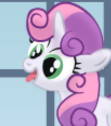 Size: 632x716 | Tagged: safe, artist:parallaxmlp, sweetie belle, pony, unicorn, comic:cutie-prank crusaders, g4, cropped, cute, diasweetes, female, filly, funny, low quality, needs more jpeg, pixelated, reaction image, show accurate, solo, tongue out