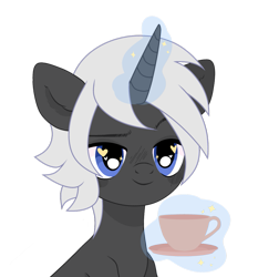 Size: 1007x1080 | Tagged: artist needed, safe, oc, oc only, oc:silfrvind, pony, unicorn, blue eyes, bust, cup, glowing horn, gray mane, grey fur, heart eyes, horn, magic, magic aura, portrait, simple background, solo, teacup, transparent background, unicorn oc, wingding eyes