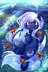 Size: 1200x1800 | Tagged: safe, artist:zobaloba, oc, oc:midnight ruby, bat pony, fish, bat pony oc, cute, cutie mark, eyebrows, eyebrows visible through hair, fangs, holding breath, ocbetes, red eyes, spread wings, swimming, underwater, white mane, wings