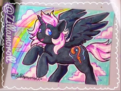 Size: 961x721 | Tagged: safe, artist:zillamoroll, oc, oc:silfrvind, alicorn, pony, unicorn, alicorn oc, blue eyes, cutie mark, full body, gray mane, grey fur, horn, rainbow, traditional art, wings