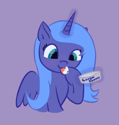 Size: 798x835 | Tagged: safe, artist:purblehoers, princess luna, alicorn, pony, g4, :3, cream cheese, eating, happy, hoof licking, hooves, licking, simple background, solo, tongue out