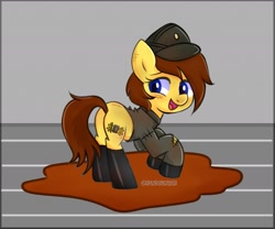 Size: 1419x1180 | Tagged: safe, artist:handgunboi, oc, oc only, earth pony, pony, butt, commission, dirty, gray background, looking left, mud, outfit, plot, simple background, solo