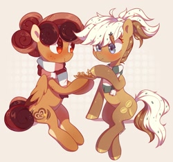 Size: 1911x1790 | Tagged: safe, artist:cherrnichka, oc, oc only, earth pony, pegasus, pony, clothes, commission, cookie, cute, duo, food, freckles, hair accessory, ponytail, scarf, striped scarf, two toned wings, wings