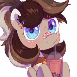 Size: 2160x2160 | Tagged: safe, artist:cherrnichka, oc, oc only, pony, bandaid on nose, bow, bubble tea, bust, collar, commission, drinking straw, freckles, hair accessory, hair bow, heart eyes, high res, pale belly, ponytail, simple background, solo, white background, wingding eyes