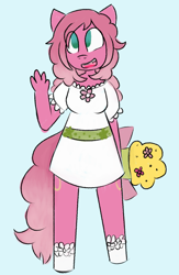 Size: 978x1501 | Tagged: safe, artist:leola-kittycorn, pinkie pie (g3), earth pony, anthro, g3, both cutie marks, bouquet, clothes, dress, flower, solo