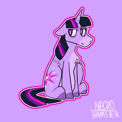 Size: 1280x1280 | Tagged: safe, artist:necro-hamster, part of a set, twilight sparkle, pony, unicorn, chest fluff, cloven hooves, coat markings, facial markings, female, floppy ears, leg fluff, mare, outline, pale belly, purple background, redesign, simple background, snip (coat marking), solo, unamused, unicorn twilight