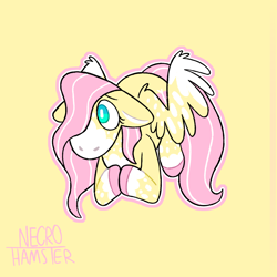 Size: 1280x1280 | Tagged: safe, artist:necro-hamster, part of a set, fluttershy, pegasus, pony, g4, cute, female, floppy ears, hooves together, mare, outline, redesign, shyabetes, simple background, solo, yellow background