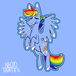 Size: 1280x1280 | Tagged: safe, artist:necro-hamster, part of a set, rainbow dash, pegasus, pony, g4, blue background, colored wings, colored wingtips, eyes closed, female, mare, outline, redesign, simple background, smiling, solo