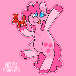 Size: 1280x1280 | Tagged: safe, artist:necro-hamster, part of a set, pinkie pie, earth pony, pony, g4, balloon, balloon animal, cheek fluff, chest fluff, female, mare, outline, pink background, plump, redesign, simple background, smiling, solo, standing, standing on one leg
