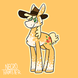 Size: 1280x1280 | Tagged: safe, artist:necro-hamster, part of a set, applejack, earth pony, pony, g4, coat markings, dappled, female, hat, mare, orange background, outline, pale belly, redesign, simple background, smiling, solo