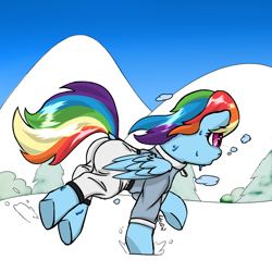 Size: 2000x2000 | Tagged: safe, artist:frecklesfanatic, rainbow dash, pegasus, pony, g4, female, high res, mare, running, snow, sweat, tracksuit