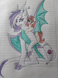 Size: 1224x1632 | Tagged: safe, artist:theumbramistress, oc, oc:amethyst, oc:glitzy glow, dracony, hybrid, pony, unicorn, cousins, duo, female, filly, hug, interspecies offspring, lined paper, offspring, parent:button mash, parent:rarity, parent:spike, parent:sweetie belle, parents:sparity, parents:sweetiemash, traditional art