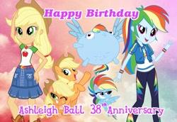 Size: 1774x1221 | Tagged: safe, applejack, rainbow dash, earth pony, pegasus, pony, equestria girls, g4, g4.5, my little pony equestria girls: better together, my little pony: pony life, anniversary, ashleigh ball, clothes, female, geode of super speed, geode of super strength, happy birthday, inflation, magical geodes, mare, one eye closed, rainblimp dash, wink