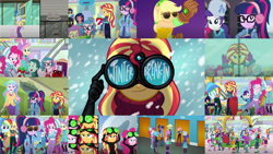 Size: 1280x721 | Tagged: safe, edit, edited screencap, editor:quoterific, screencap, applejack, fluttershy, pinkie pie, princess celestia, principal celestia, rainbow dash, rarity, sci-twi, sunset shimmer, twilight sparkle, equestria girls, equestria girls specials, g4, my little pony equestria girls: better together, my little pony equestria girls: holidays unwrapped, winter break-in, book, canterlot high, canterlot mall, crossed arms, eyes closed, glasses, humane five, humane seven, humane six, ponied up, ponytail