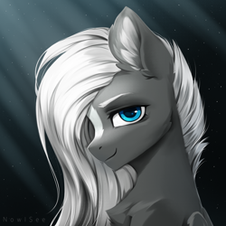 Size: 2000x2000 | Tagged: safe, artist:inowiseei, oc, oc only, oc:sacred blade, pegasus, pony, blaze (coat marking), blue eyes, bust, chest fluff, coat markings, commission, dark background, ear fluff, facial markings, gradient background, hair over one eye, high res, looking at you, male, portrait, sitting, smiling, solo
