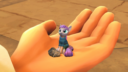 Size: 3840x2160 | Tagged: safe, artist:ndelngin, derpibooru exclusive, maud pie, earth pony, human, pony, g4, 3d, clothes, female, fingers, hand, high res, in goliath's palm, looking up, micro, rock, sitting, size difference, small pony, source filmmaker, tiny