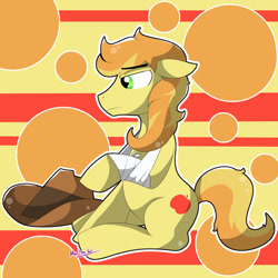 Size: 1024x1024 | Tagged: safe, artist:organizednubmarilyn, braeburn, earth pony, pony, g4, abstract background, bandage, eyes open, hat, sad