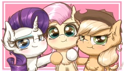 Size: 1286x736 | Tagged: safe, artist:phoenixrk49, applejack, fluttershy, rarity, earth pony, pegasus, pony, unicorn, g4, blushing, cheek fluff, chest fluff, chibi, ear fluff