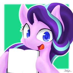 Size: 2500x2500 | Tagged: safe, alternate version, artist:zemlya, starlight glimmer, pony, unicorn, g4, book, high res, open mouth, smiling, solo