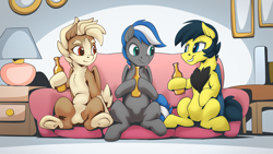 Size: 2560x1440 | Tagged: safe, artist:mysticalpha, derpibooru exclusive, part of a set, oc, oc only, oc:cloud zapper, oc:ruby rustfeather, oc:tinkerwing, pegasus, pony, g4, bottle, chest fluff, commission, couch, drinking, female, folded wings, grin, hoof hold, husband and wife, indoors, male, mare, sitting, smiling, stallion, trio, underhoof, wings