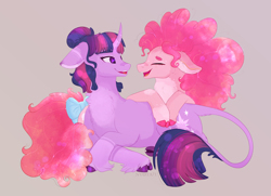 Size: 3036x2200 | Tagged: safe, artist:nyota71, pinkie pie, twilight sparkle, earth pony, pony, unicorn, body markings, bow, chest fluff, colored hooves, curved horn, ear fluff, female, floppy ears, hair bun, horn, laughing, leonine tail, lesbian, mare, redesign, shipping, simple background, spots, tail bow, twinkie, unicorn twilight, unshorn fetlocks