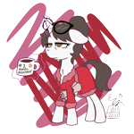 Size: 1414x1414 | Tagged: safe, artist:erynerikard, raven, pony, unicorn, abstract background, bags under eyes, bathrobe, clothes, coffee, coffee mug, digital art, glasses, magic, messy mane, morning ponies, mug, robe, scroll, simple background, solo, tired, transparent background