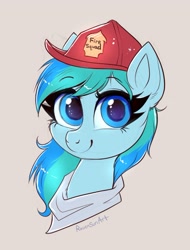 Size: 1165x1531 | Tagged: safe, artist:confetticakez, oc, oc only, oc:stormy waters, pony, bust, firefighter, firefighter helmet, hat, helmet, looking at you, smiling