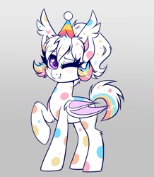 Size: 1388x1593 | Tagged: safe, artist:confetticakez, oc, oc only, oc:confetti cupcake, bat pony, pony, hat, heart, heart eyes, looking at you, one eye closed, party hat, smiling, solo, spots, wingding eyes, wink
