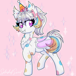 Size: 900x900 | Tagged: safe, artist:splashofsweet, oc, oc only, oc:confetti cupcake, bat pony, pony, chest fluff, fangs, hat, party hat, smiling, solo, spots